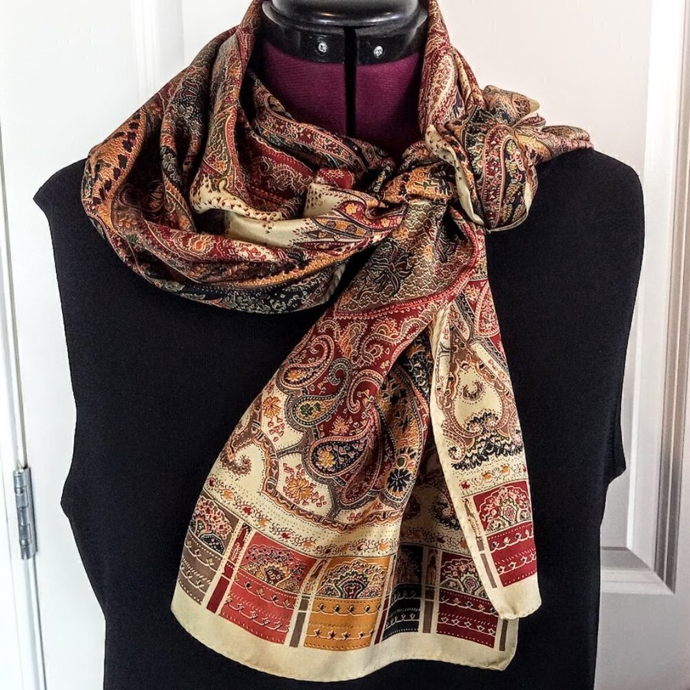 Gold Green Orange Red Paisley Oblong Silk Scarf